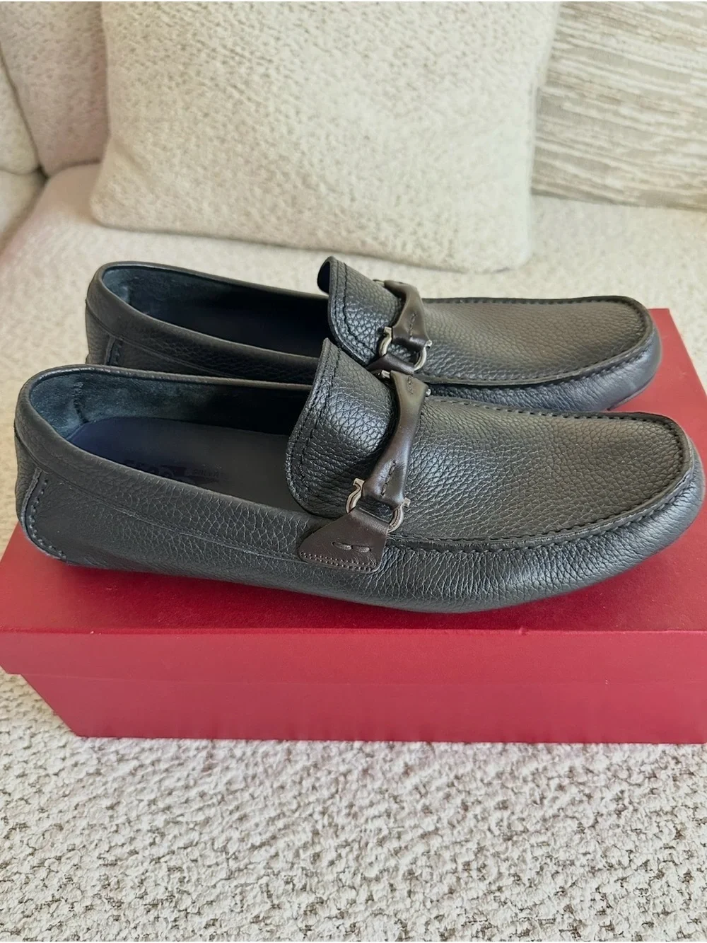 Salvatore Ferragamo Black Pebbled Leather Bit Loafers